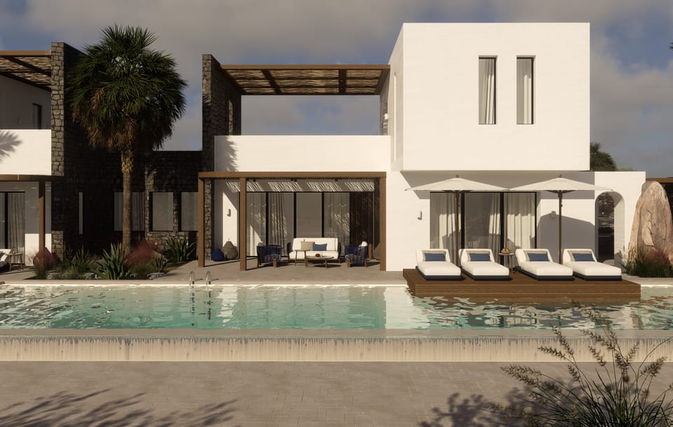 Architectural rendering of Villa Roccia's pool terrace in daylight