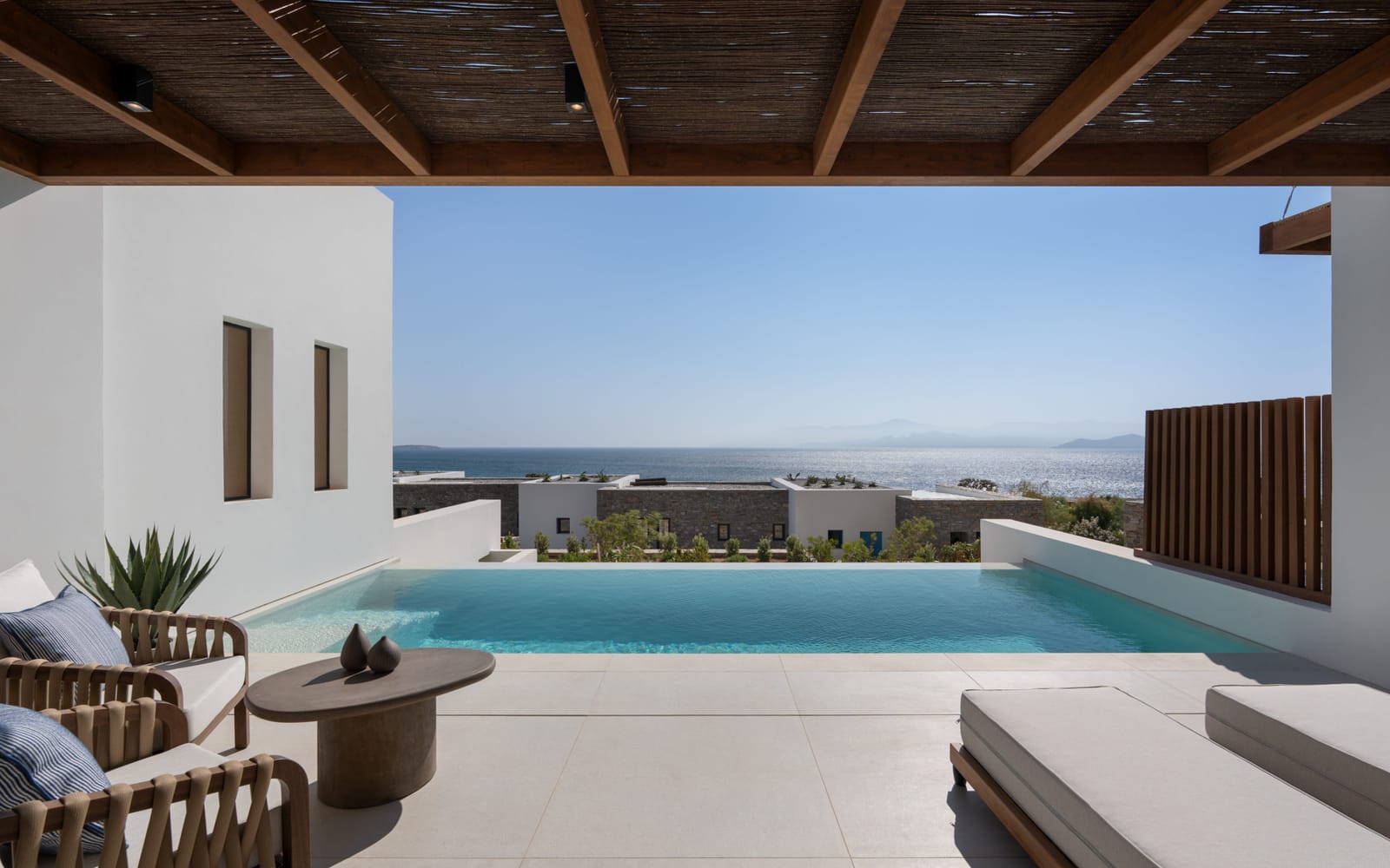 Private pool and timber pergola of a suite at Hotel Vione